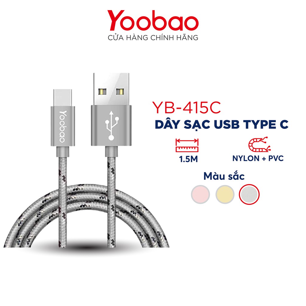 [Mã 2404EL10K giảm 10K đơn 20K] Dây sạc USB type C vỏ bọc dù 1.5m YOOBAO YB - 415C