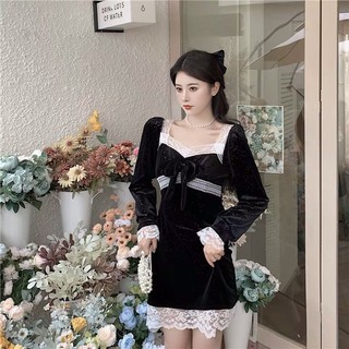 (Order) Đầm váy nhung đen viền ren trắng cổ vuông