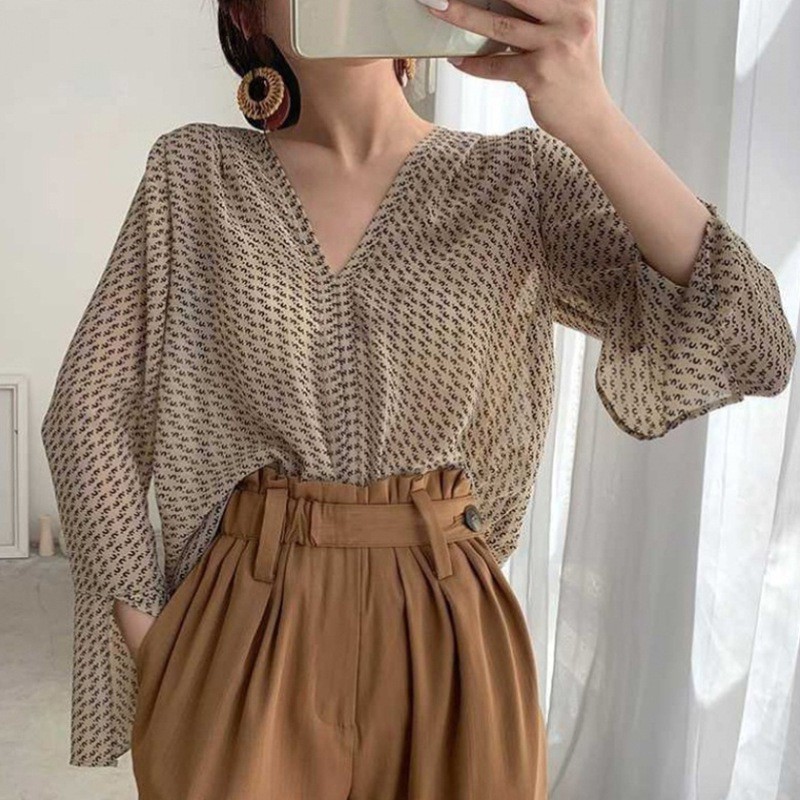 Áo Sơ Mi Tay Dài Cổ Chữ V Chất Chiffon Phong Cách Retro