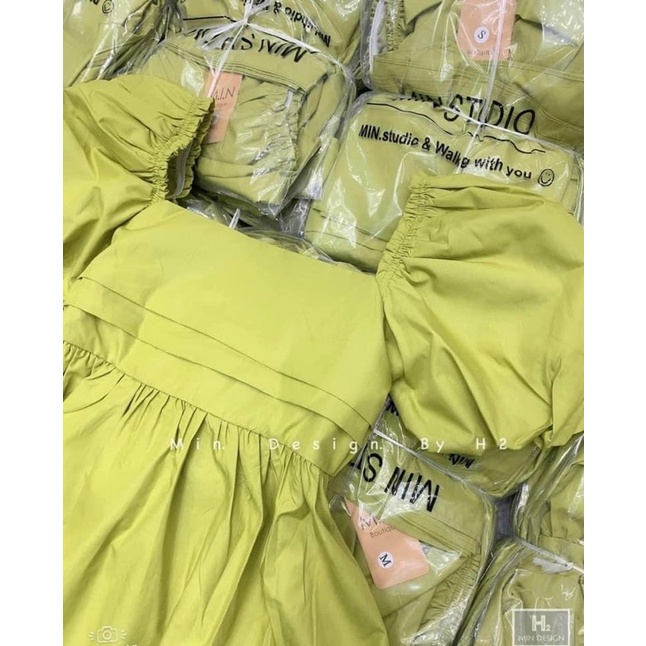 Váy xanh cốm babydoll tay bồng thắt nơ lưng
