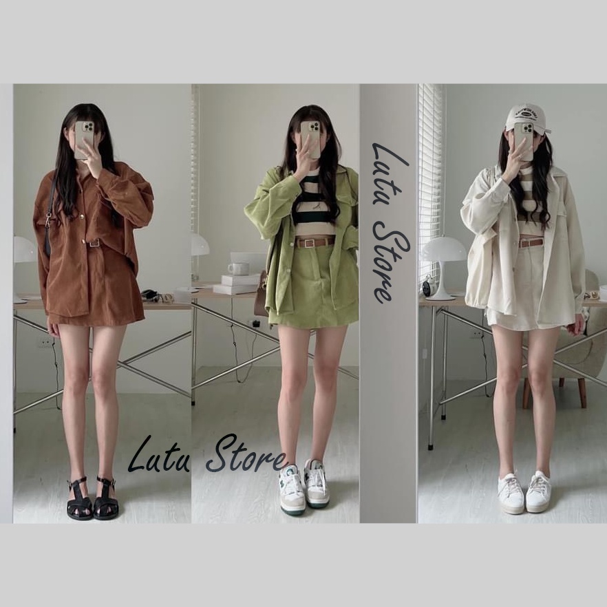 Set áo khoác sơ mi nhung tăm dài tay mix chân váy chữ A trẻ trung