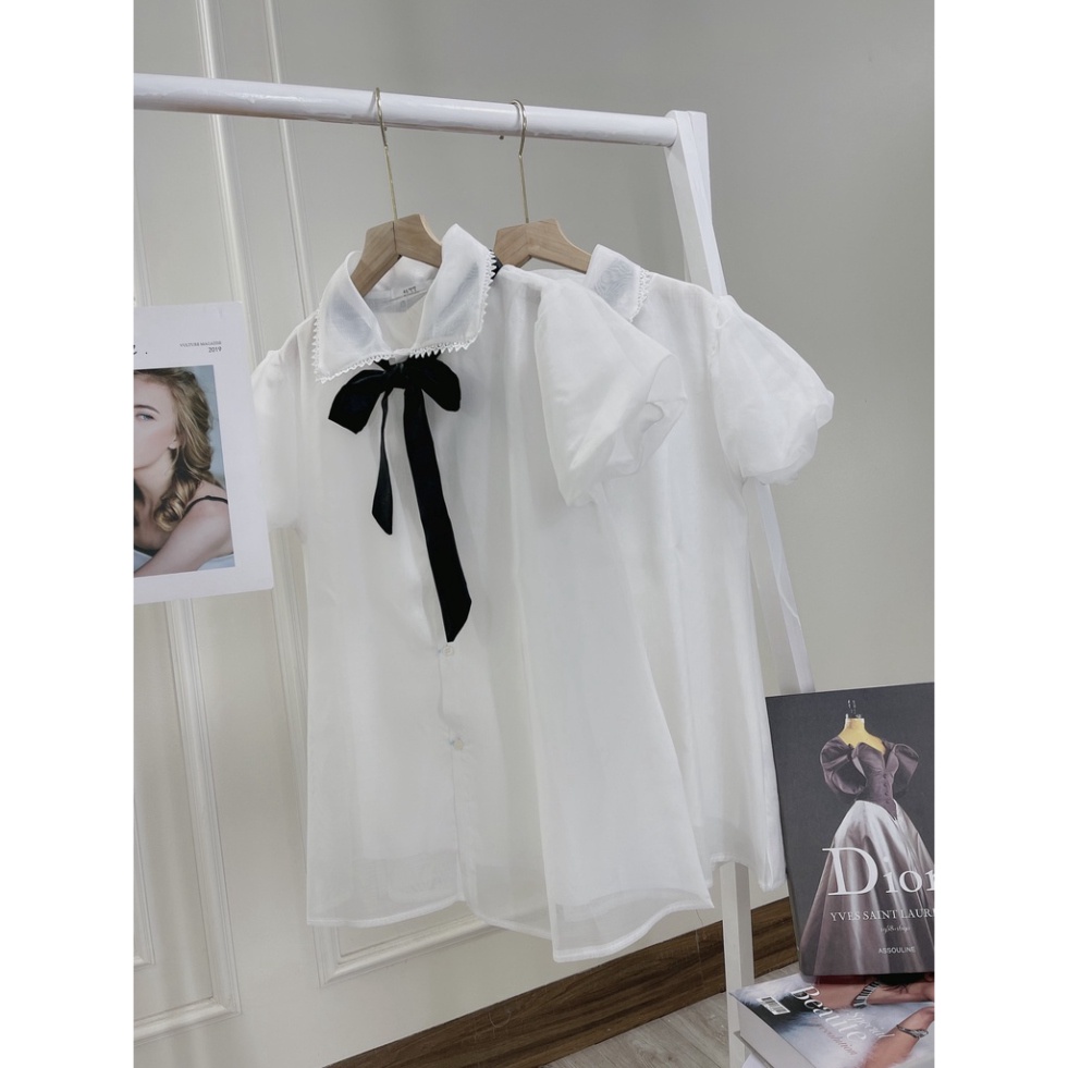 áo sơ mi nữ babydoll ren tơ phối nơ cổ form rộng dáng xòe tiểu thư sang chảnh, áo nữ kiểu.