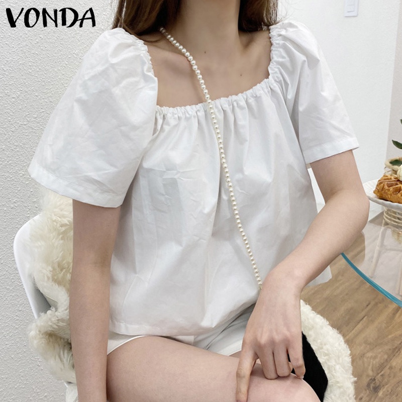 Áo trễ vai VONDA tay ngắn màu trơn thời trang mùa hè phong cách Hàn Quốc cho nữ