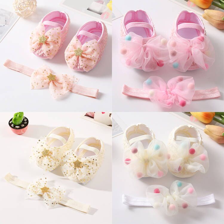 Set Băng Đô Cài Tóc + Giày Tập Đi Đế Mềm Cho Bé