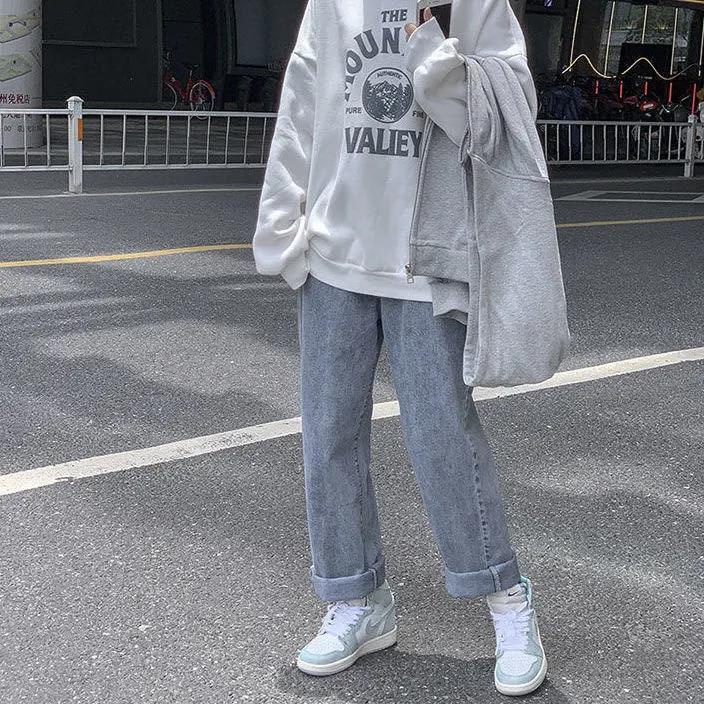 Set Áo Hoodie Form Rộng Và Quần Jeans Ống Đứng Phong Cách Hàn Quốc Cho Nữ