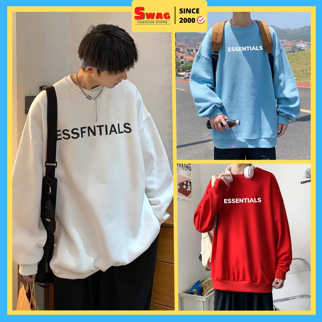 Áo sweater nam nữ ESSENTIALS form rộng cổ tròn, tay áo bồng, chất nỉ nhập ngoại, co dãn tốt và thấm hút mồ hôi hiệu quả