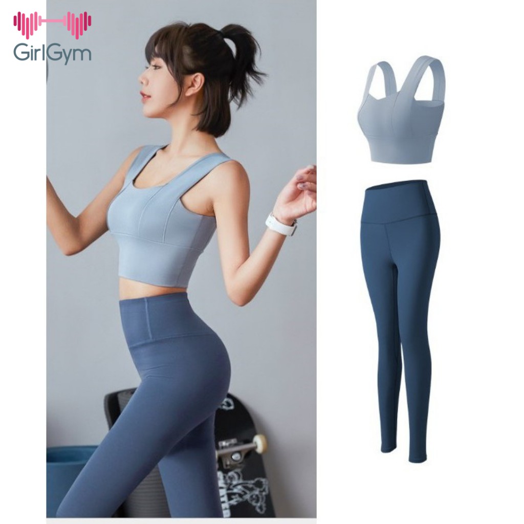 Bộ tập gym yoga earobic nữ, Sét quần dài và áo ba lỗ croptop có lót ngực chống sốc khi tập luyện Girl Gym