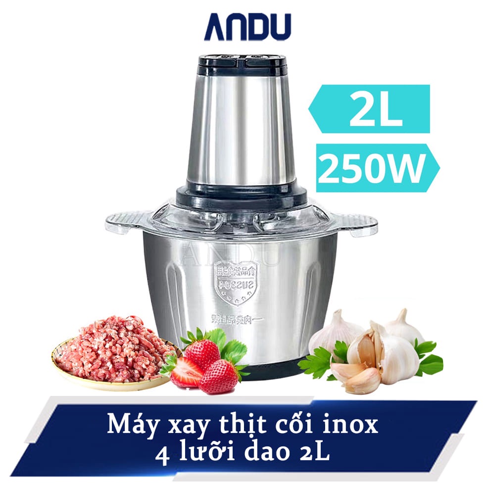 Máy Xay Thịt Cối Đa Năng INOX 304, 2L Công Suất 300W 4 Lưỡi Kép - Cối xay thực phẩm, rau củ