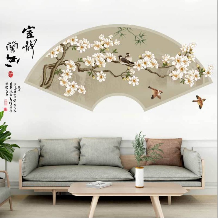[HOT] Decal dán tường Tranh thủy mặc Hoa đào và chim trang trí phòng khách AmyShop