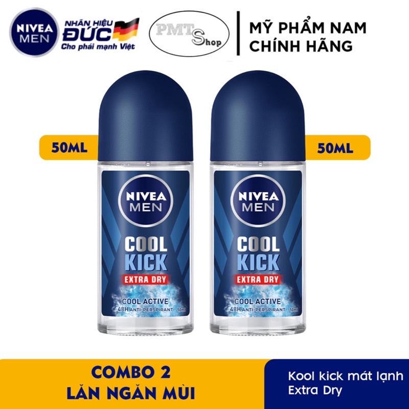 Combo 2 lăn ngăn mùi NIVEA MEN Cool Active 50ml Mát Lạnh - Thơm năng động Extra Dry Kick