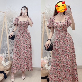 Đầm cổ vuông tay búp lụa mango