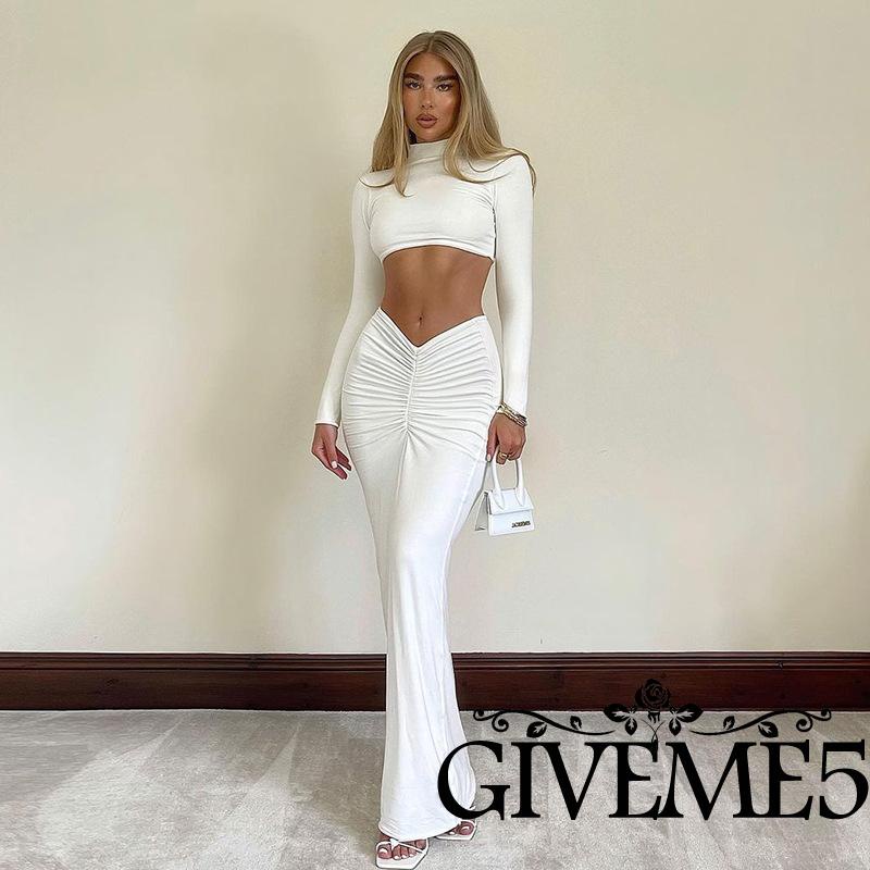 Set áo thun cổ tròn dài tay và chân váy dài xếp ly màu trơn thời trang dành cho nữ