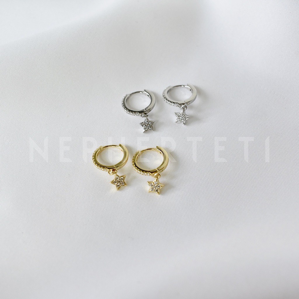 Khuyên tai bạc 925 - Khoen tròn charm ngôi sao đá  - Nepherteti