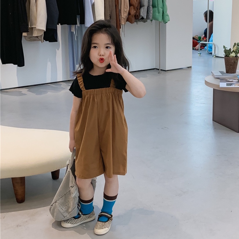 Set Áo Thun Ngắn Tay Cổ Tròn + Quần Yếm Phong Cách Hàn Quốc Cho Bé Gái