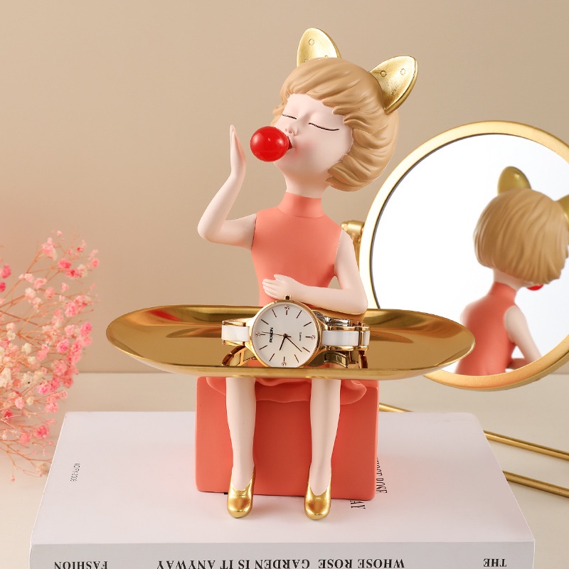 Bubble Girl Statue Jewelry Storage Plate Resin Figurine Desk Decor