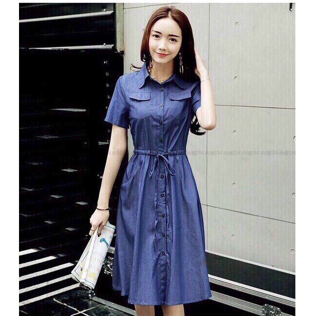 Đầm Jean Xòe Eo Dây Rút, GIÁ RẺ NHẤT