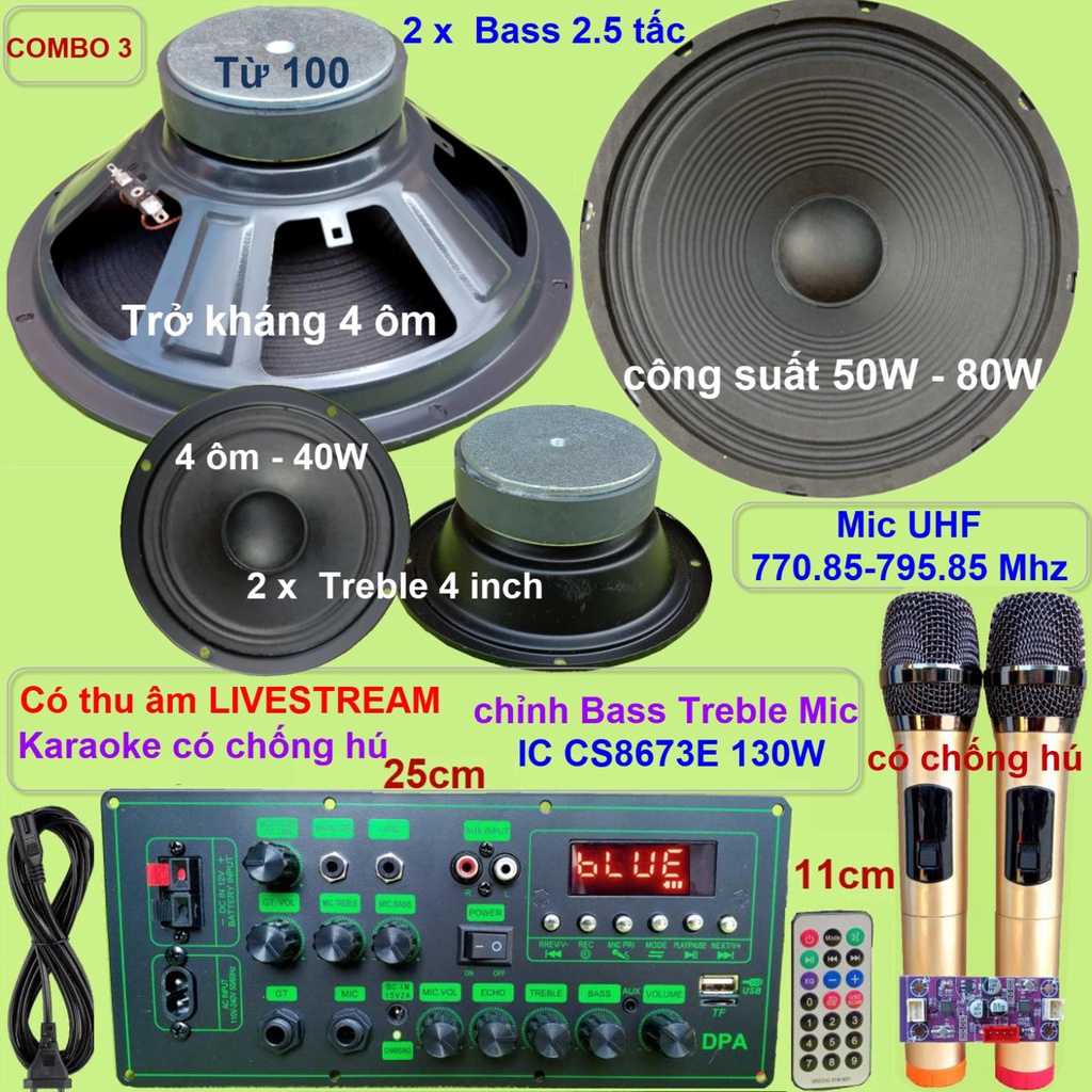 Combo loa kéo 2.5 tấc đôi CS8673E 130W Thu âm Livestream Karaoke chống hú chỉnh Bass Treble Mic nguồn xung 220V
