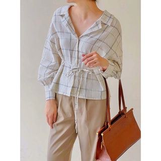 Áo sơ mi tay dài cổ pizama có dây thắt eo thời trang GAGO hoạ tiết caro trắng sữa GA4062