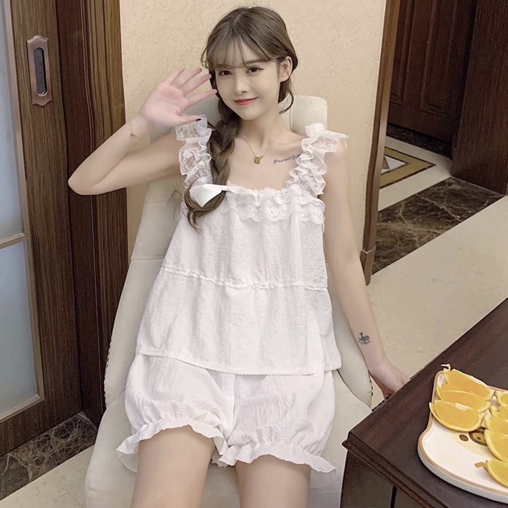 BỘ NGỦ 2 DÂY REN TRẮNG MIX QUẦN ĐÙI ĐUÔI BÈO - SET ÁO 2S QUẦN ĐŨI ULZZANG