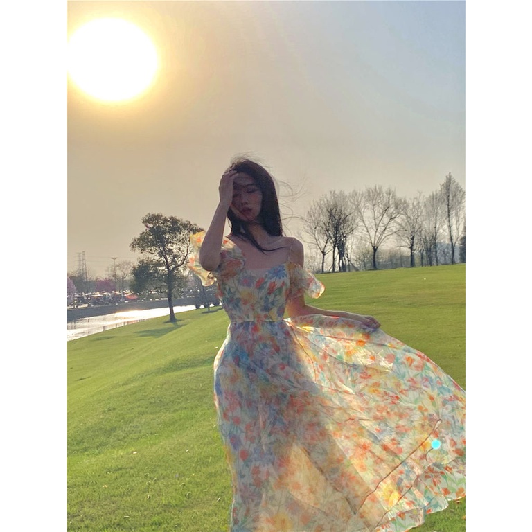 Đầm Hoa Hai Dây Hở Lưng Thời Trang Mùa Hè Cho Nữ