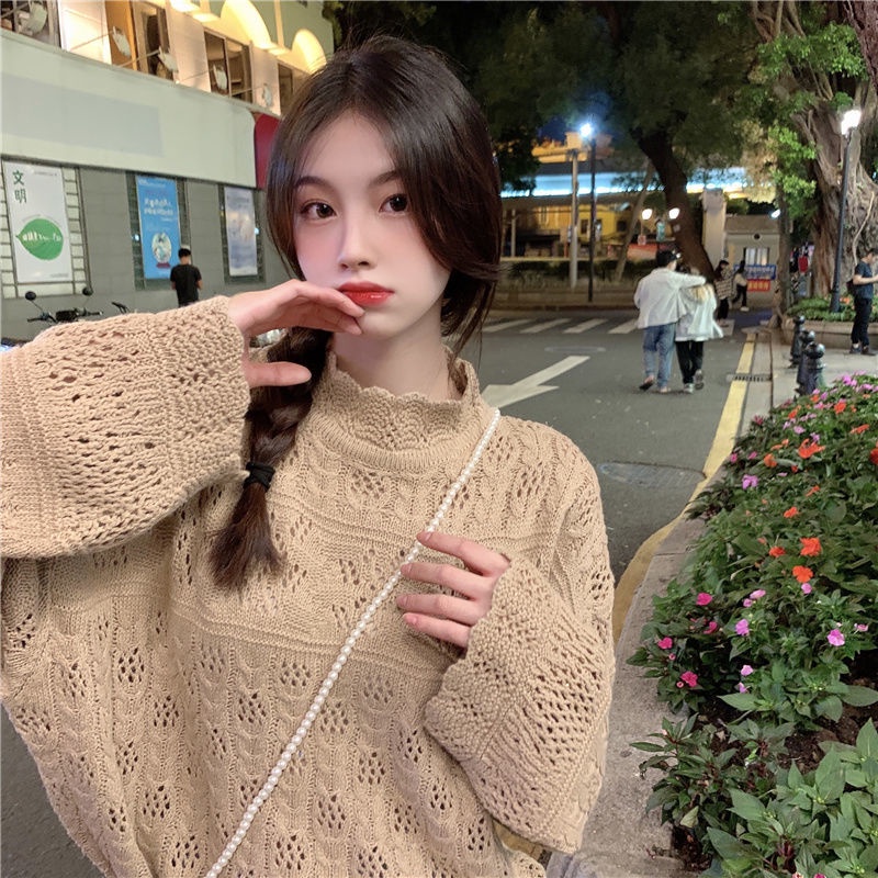 Áo dệt kim cổ cao tay dài dáng rộng thiết kế mới cho nữ