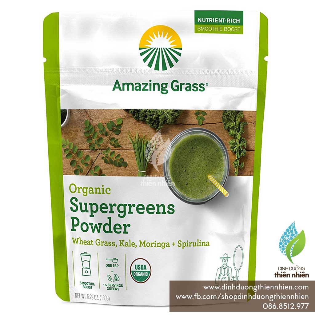 Bột Sinh Tố Rau Hữu Cơ Amazing Grass Organic SuperGreens Powder, 150g