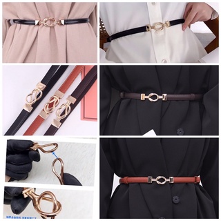 Thắt lưng dây nịt nữ bản nhỏ 1cm da PU khóa móc chữ giọt nước mạ màu vàng hồng đai buộc áo váy len khoác dạ rút eo 2 bên