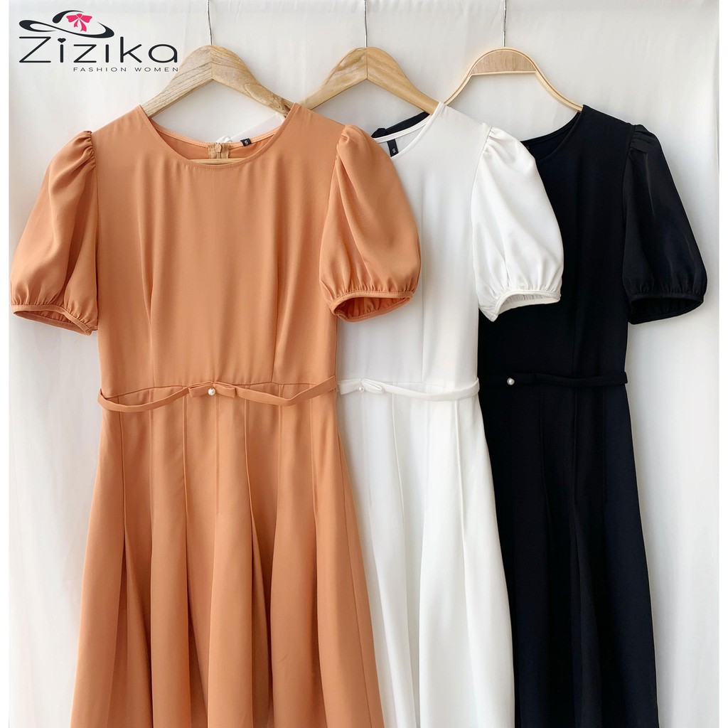 (Đầm thiết kế) Váy đầm công sở thời trang Zizika cổ tròn nơ eo - V09