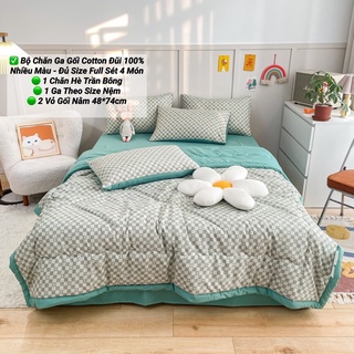 Bộ Chăn Ga Gối Cotton Đũi Kẻ Chăn Trần Bông,Chất Vải Mềm Mịn Full Size Ga Giường