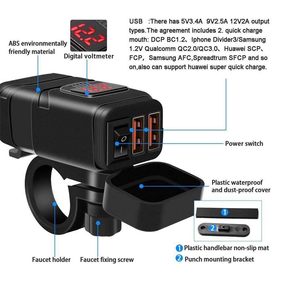 Cục Sạc Điện Thoại Nhanh Cổng USB Kép Có Vôn Kế Cho Xe Máy