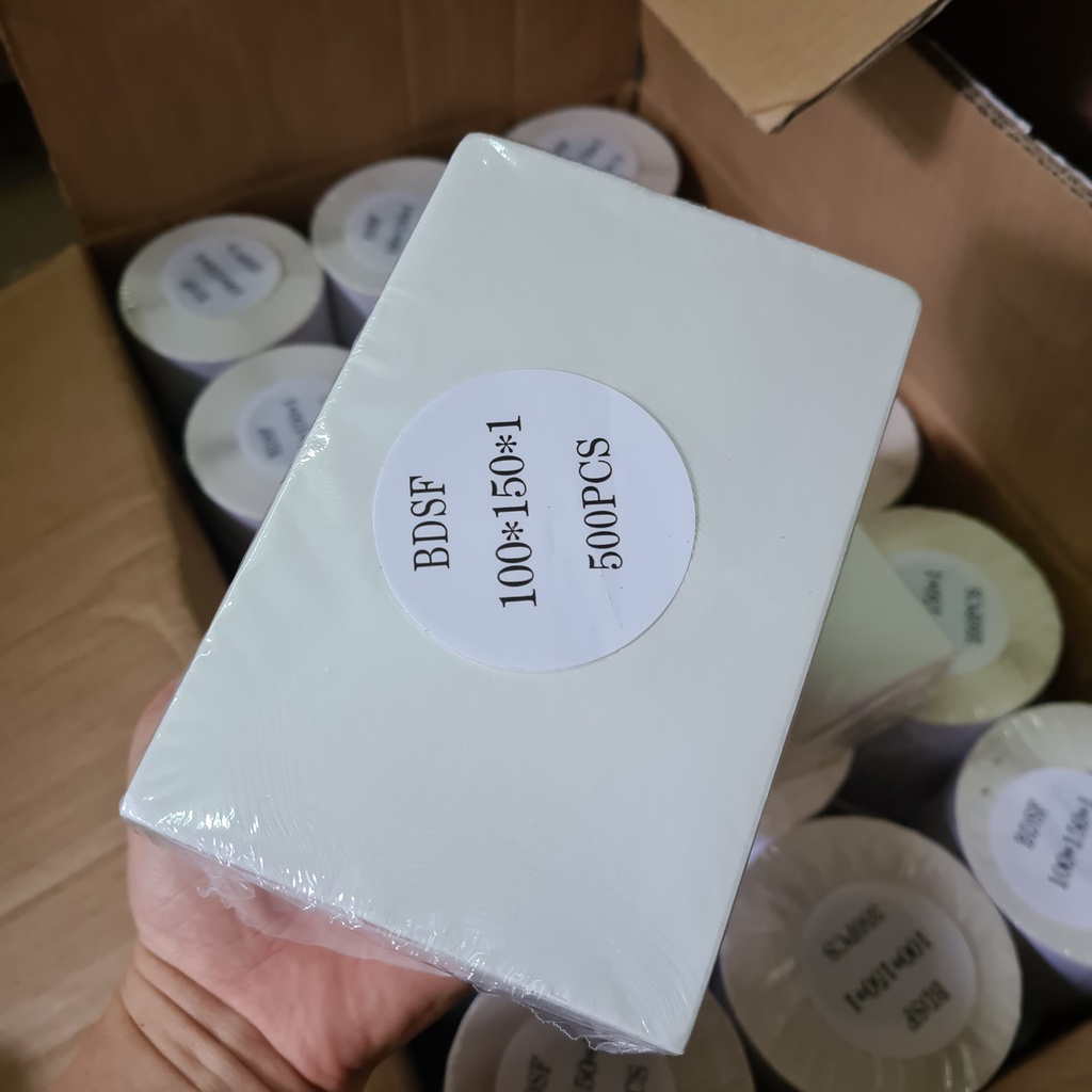 Giấy In nhiệt 100x150, in đơn thương mại điện tử khổ A6, tệp 500 tờ có sẵn lớp dán tiện lợi, giấy dày, mực sắc nét