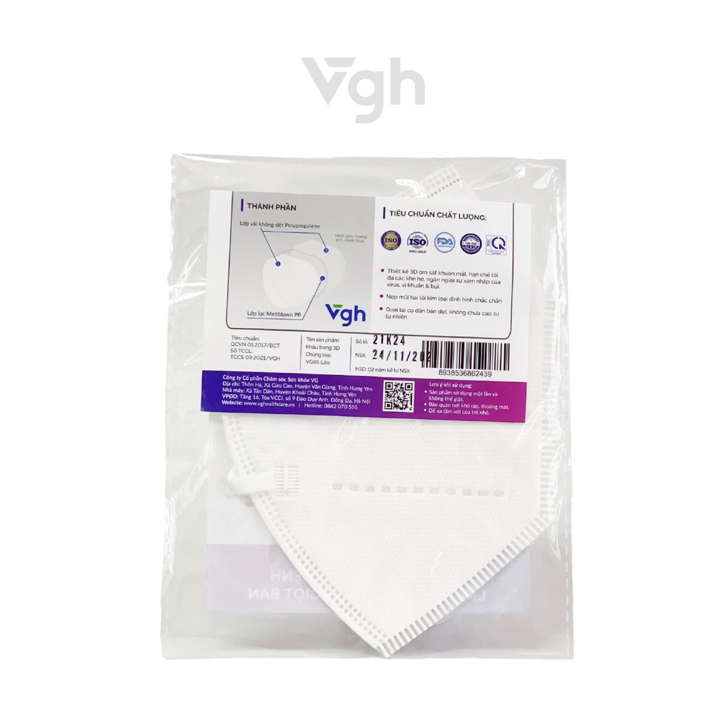 Hộp Khẩu trang VG95 Lite 3 lớp tiêu chuẩn KN95 kháng khuẩn, thoải mái, dễ thở - Chính hãng VG Healthcare - Hộp 30 chiếc