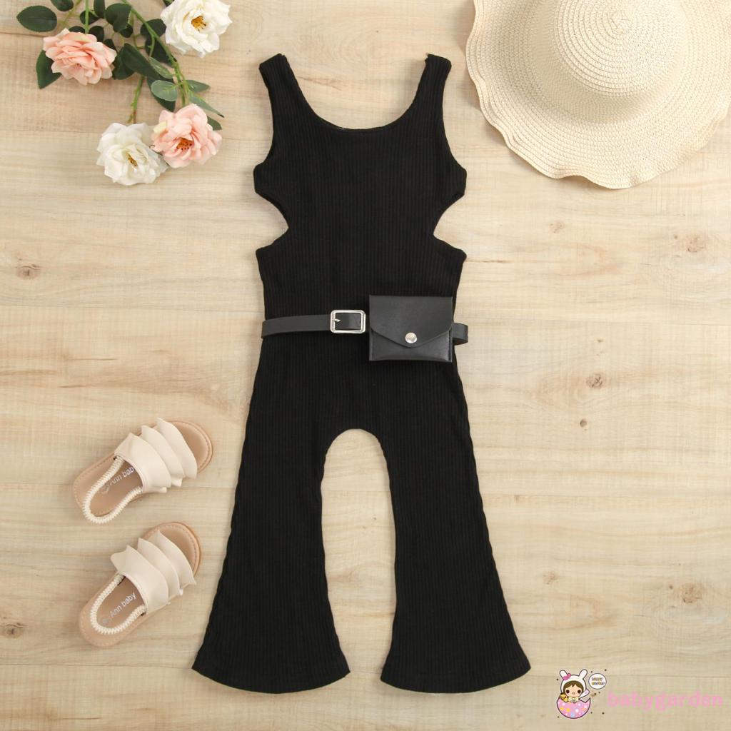BABYGARDEN-1-6years Baby Girls Summer Sleeveless Ribbed Rompers Solid Color Knitted Ribbed Waist Cutout Jumpsuits with Waist Bag
