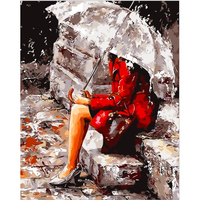 Tranh sơn dầu số hóa tự tô Cô gái dưới mưa - Tặng kèm cọ , màu , khung , Paint by numbers DIY , Tranh sơn dầu số hóa tự