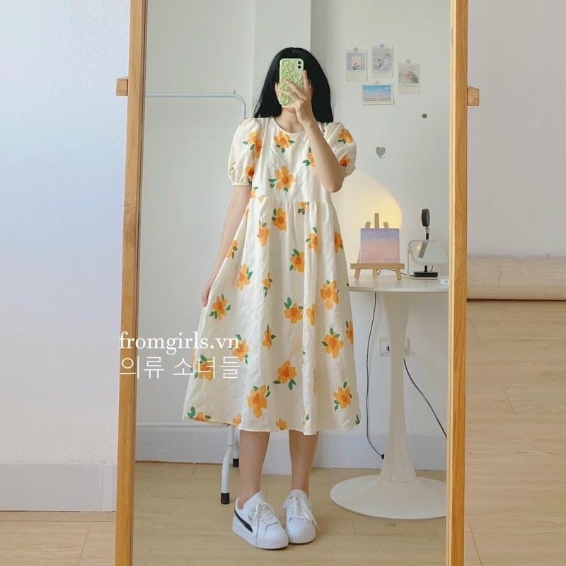 Đầm xốp hoa dáng babydoll, Váy hoa dáng dài siêu xinh hàng Quảng Châu