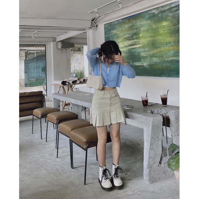 Áo cardigan nữ len mỏng màu trắng/hồng/xanh lá/xanh dương + Chân váy kaki chữ A xếp ly đuôi màu hồng/kem - Meadow