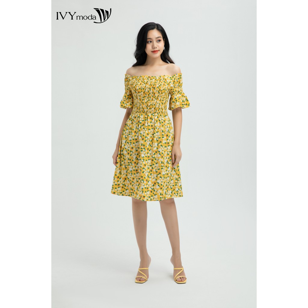 Đầm hoa xoè 1 lớp trễ vai thiết kế IVY moda MS 47B8282