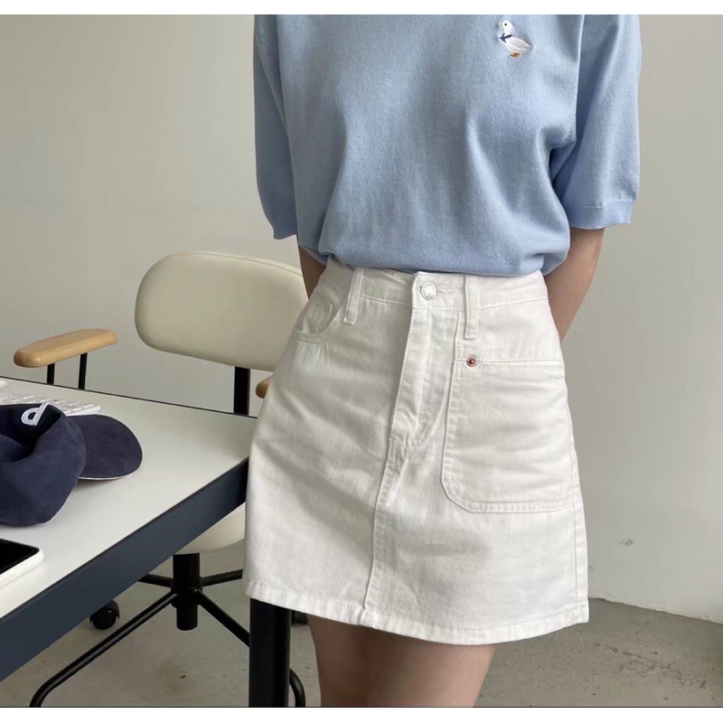 Chân váy jean ngắn kèm quần trong / 2 mầu trắng/ xanh dễ phối đồ phong cách Hàn Quốc