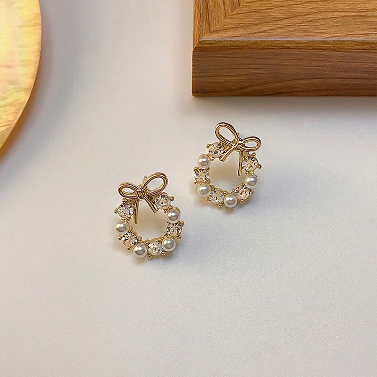 Khuyên tai kẹp không bấm lỗ chốt cố định K073 bằng hợp kim mạ vàng hình tròn đính hạt trai dáng ngắn Leous Accessories