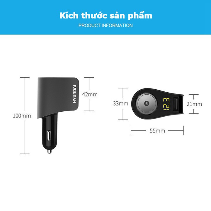 Tẩu sạc hyundai 3 cổng USB có màn hình hiển thị điện áp và một lỗ tẩu HY-10 HY10