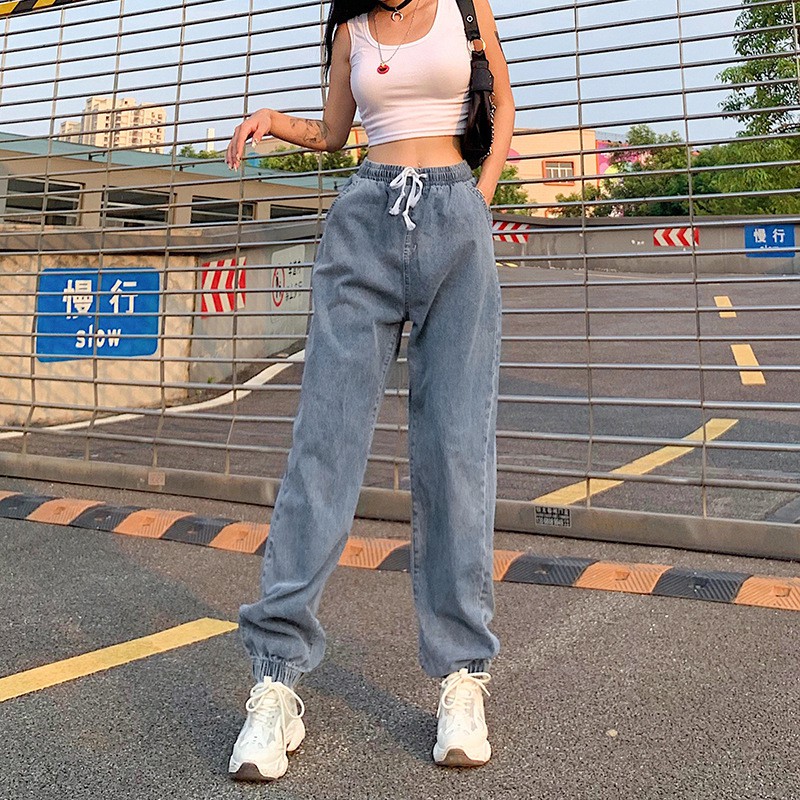 Quần jean baggy Unisex QJ003 Xanh nhạt trơn - rách lưng thun phong cách hip hop [TIEMDOJEAN]