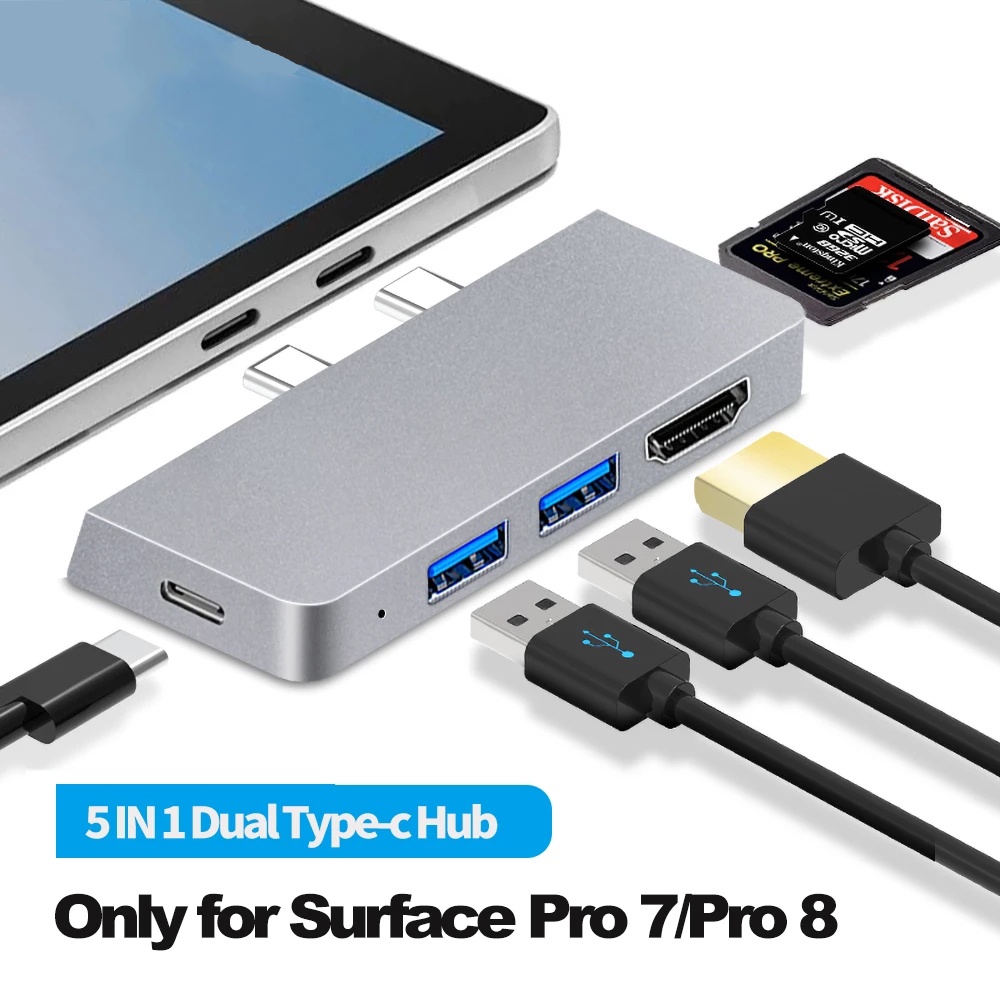 Hub USB A + USB-C cho Surface Pro 7 / 8 Type-c sang 4K Bộ chuyển đổi đầu đọc thẻ TF / SD tương thích