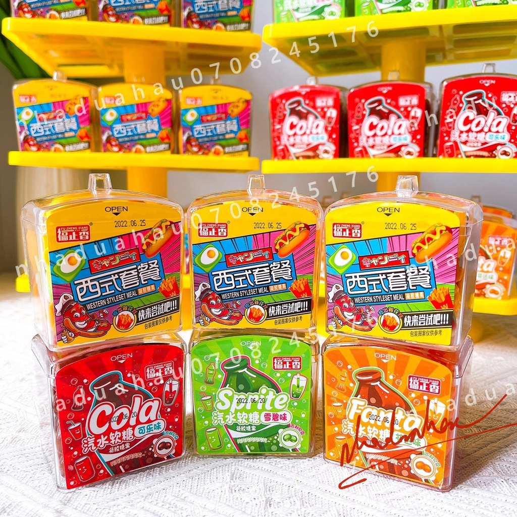 Hot - Một hộp kẹo dẻo burger/ cola/ sprite/ fanta Tháp Chú Hề Hongkong hình hộp mứt cúp lớn 100gam