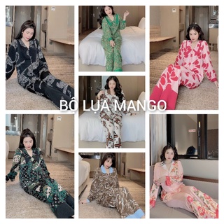 Bộ lụa mango tay dài tiểu thư bâu sen tay phồng, pijama bộ ngủ tiểu thư