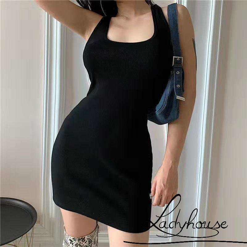 Đầm Ngắn Không Tay Cổ Chữ U Hở Lưng Màu Trơn Thời Trang Mùa Hè Cho Nữ