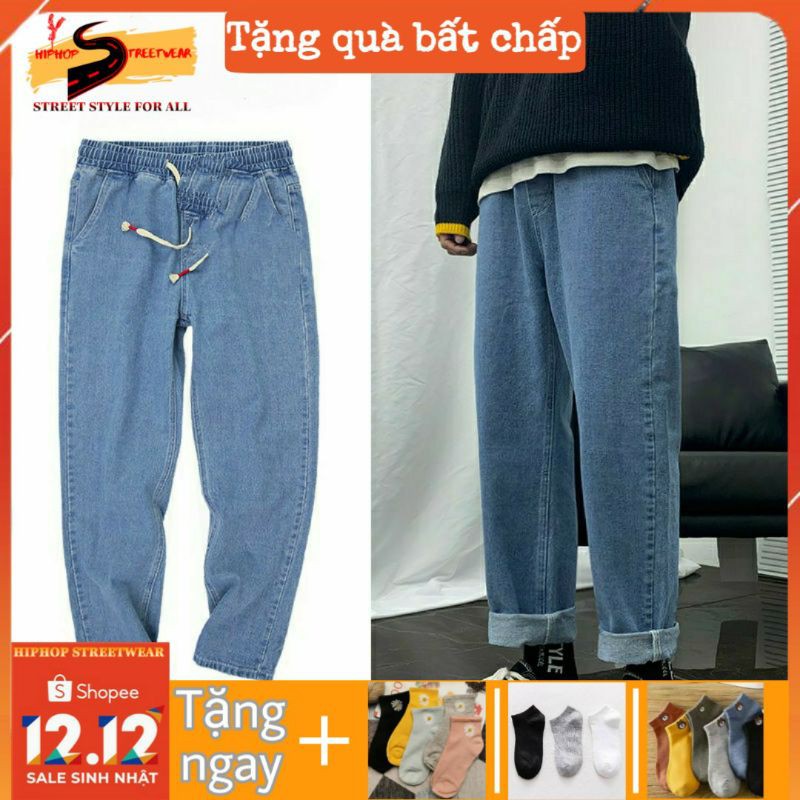 Quần Jean Ống Rộng Nam Nữ Cạp Chun HIPHOP STREETWEAR - Quần Bò Ống Rộng Giá Rẻ