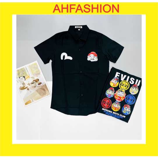 Áo sơ mi nam EVISU tay ngắn in ông địa MOTO CLUB vải lụa mịn chống nhăn 2 màu trắng đen-AHFASHION