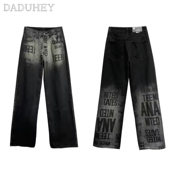 DaDuHey American Retro Printed Jeans Men's Autumn Loose Straight High Street Pants Fashion Brand Ins Wide Leg Pants