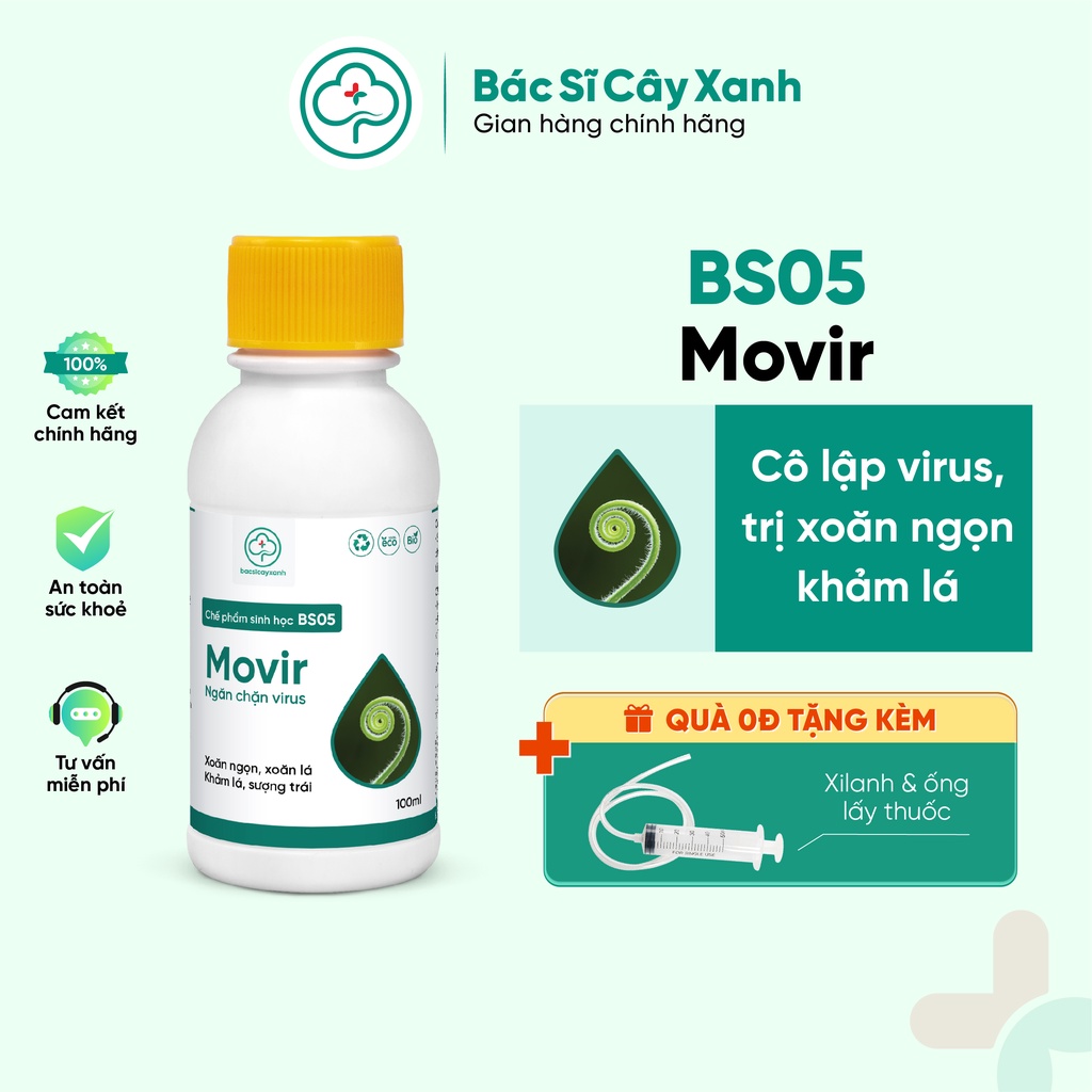 Chế phẩm phòng trị xoăn ngọn, xoăn lá, khảm lá, sượng trái, An toàn sức khoẻ BS05 Movir 100ml NSX Bacsicayxanh