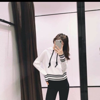 Áo hoodie Zara trắng sọc đen